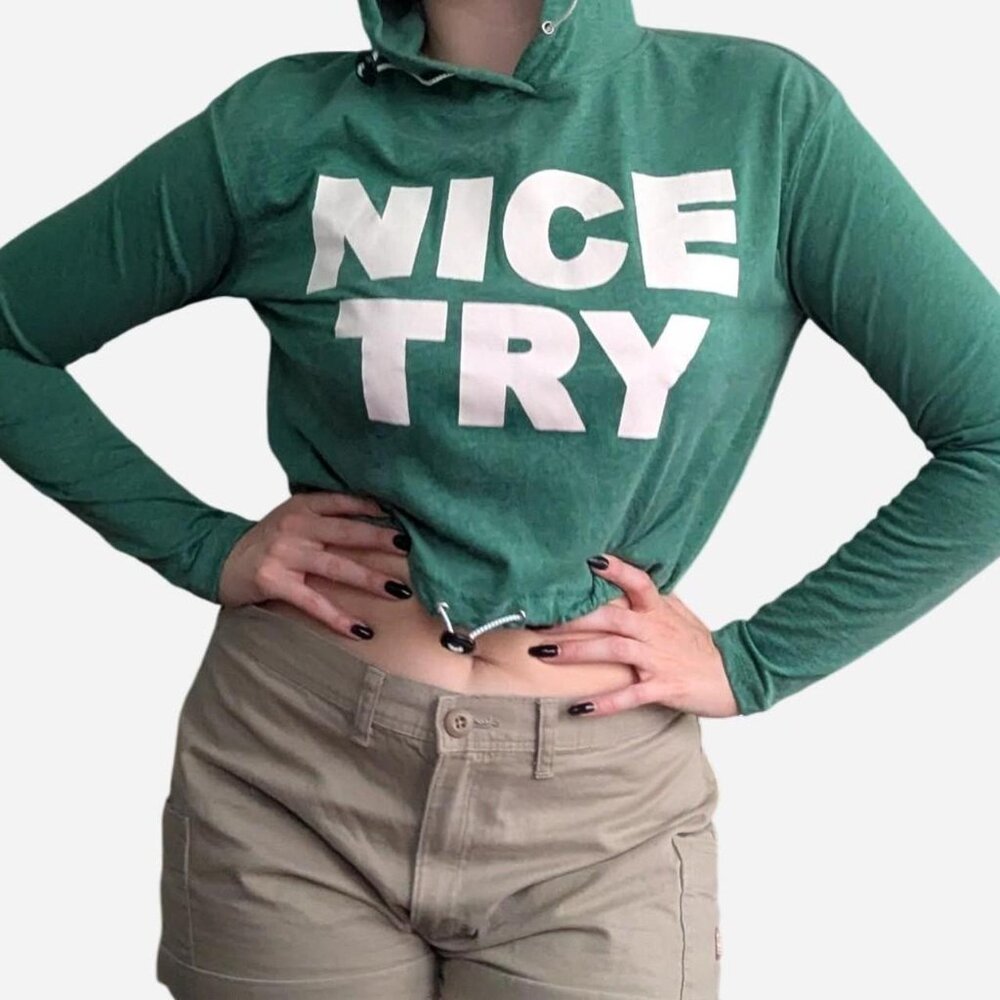 Green and white Nice Try cropped hoodie